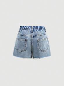 SHEIN 2025年新款年轻女孩蓝色牛仔短裤，饰有黄色和白色马格利特花朵图案 - 淺色水洗藍 - 查看 6