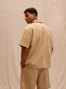 Musero Contrast Collar Button Through Pinstripe Short Sleeve Shirt Only Spring Summer Streetstyle Holiday Vacation - Khaki - View 3