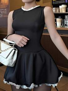 INAWLY Plus Size Women's Lace Patchwork Black Dress - Black - View 3