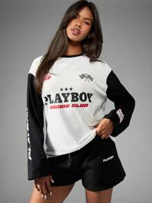 Missguided x Playboy Racing Club Long Sleeve T-Shirt Motorsport Graphic Checkered Flag Athletic Streetwear Casual Sports Leisure Youth Culture Fall Winter Spring Car Racing - Black and White - View 4