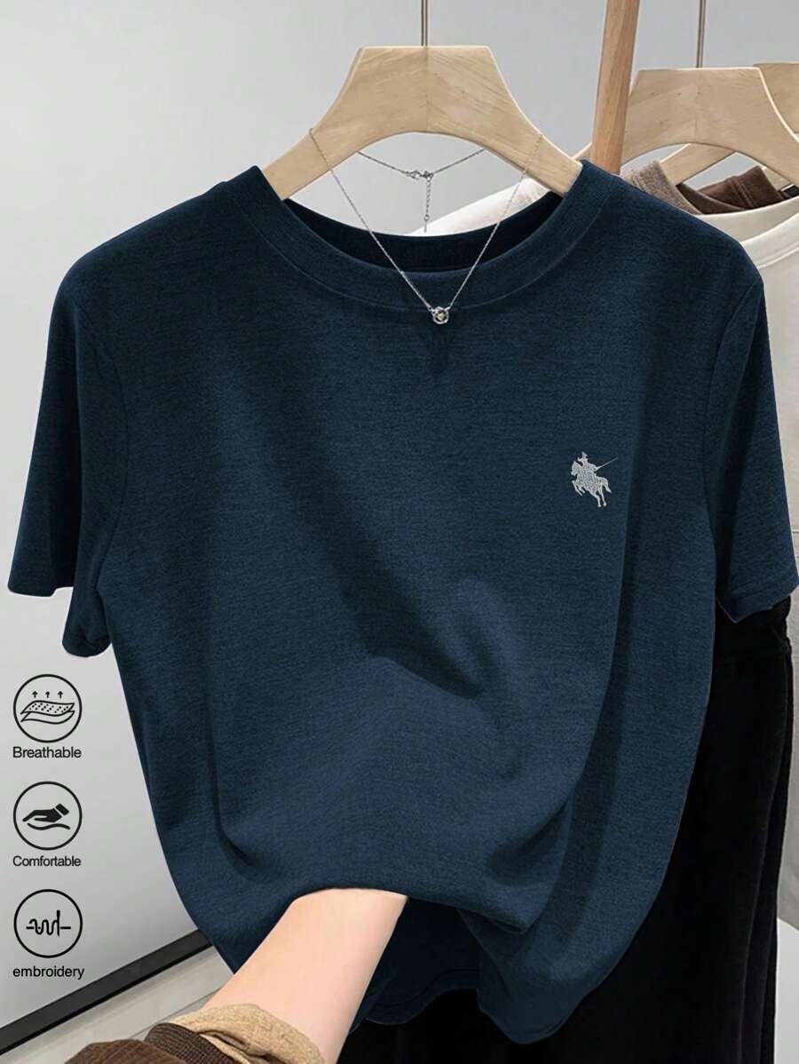 SHEIN Kaos Wanita Ukuran Besar dengan Bordir, Lembut & Nyaman, Leher Bulat, Lengan Pendek - Navy Blue - View 1