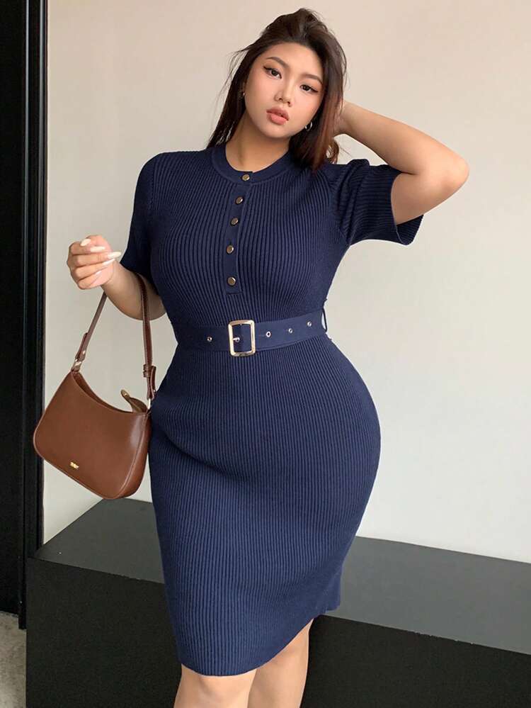 Dazy Plus Solid Color Round Neck Fitted Shirt Decor Waist Tie Midi Sweater Dress, Short Sleeve, Spring/Summer