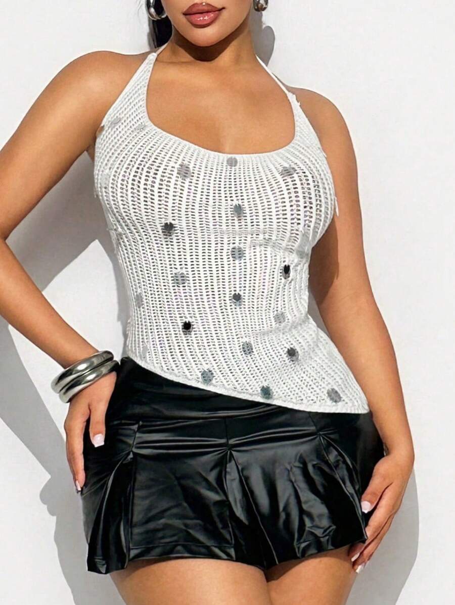 SHEIN Unity Women's Sleeveless Bead Knit Sweater Vest,Asymmetrical Hanging Neck Top, Summer White Polka Dot Club Day Party Clothing,Apricot Casual Tops - Apricot - View 1