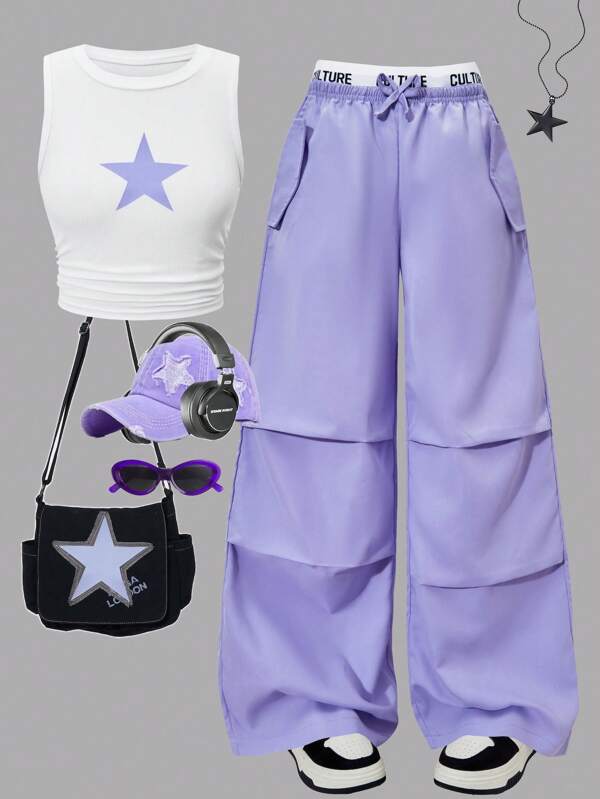SHEIN 2pcs/Set Older Girls Star Print Drawstring Vest Top And Color Block Cargo Pocket Pants Two Pieces Set, Street Casual For Spring And Summer
