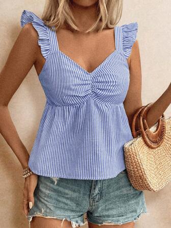 Poéselle Top de mangas con volantes de mariposa con estampado de rayas con textura de lino, con pliegues en el pecho y corte holgado, de unicolor para el verano, temporada de vacaciones de verano, cómodo, estilo bohemio, para mamá, Top de traje de baño