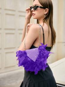 SHECARRY Borsa da sera elegante e di moda per donna, con strass, piume sintetiche, adatta per San Valentino