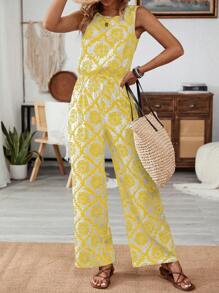 Breezaya Elastic Waist Print Jumpsuit With Round Neck & Sleeveless, Vacation Wear, Spring/Summer - Yellow - View 5