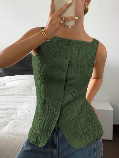 Siren Gaze Blusa de tirantes de verano para mujer informal, de unicolor, con textura y abertura delantera con botones