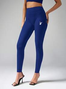 Missguided x Playboy Leggings Esportivas de Alto Desempenho, Cintura Alta, Calça de Compressão para Corrida e Exercícios, Roupas Ativas, Calça para Fitness, Exercício, Treinamento, Ioga, Vestuário Esportivo - Azul Marinho - Visão 1