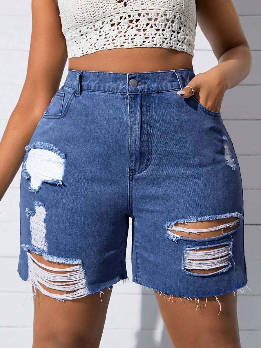 SHEIN SXY Plus Size Distressed Denim Shorts, Fashionable For Summer - Blue - View 1