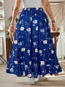 SHEIN LUNE Plus Size Women Summer Bohemian Flower Print Short Front And Long Back High Waist Design Casual Holiday Women's Skirt - Navy Blue - View 2