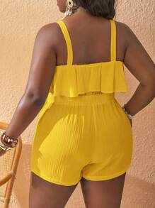 Slaydiva Plus Size Women Striped Textured V-Neck Ruffle Trim Sleeveless Jumpsuit - C