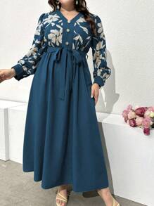 Modelyn Plus Size Women's Elegant Floral Print Belted Dress With Waist Decor Maxi Women Outfit Long Evening Dresses - Blue - View 5