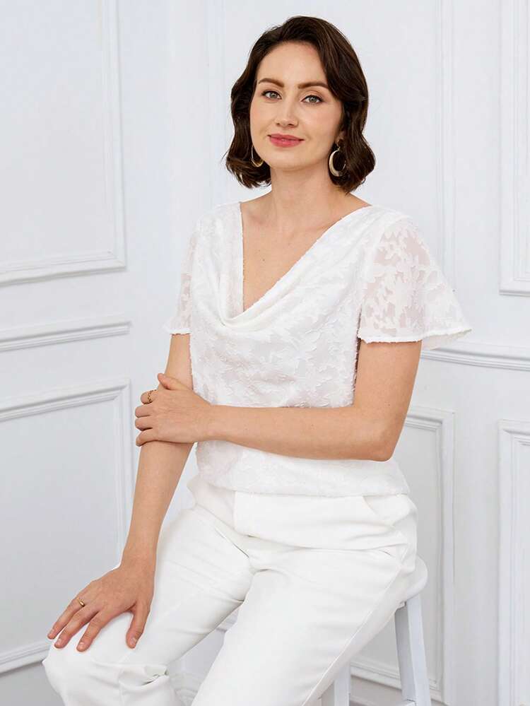 Women's Solid Color Pleated Elegant Office Commuting Short Sleeve Shirt With Stand Collar, White Blouse
