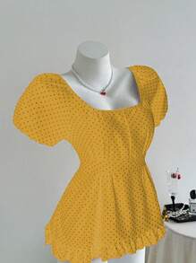 SHEIN Unity Camisa casual de manga corta con cuello cuadrado, estampado de lunares y dobladillo de volantes - Amarillo - Ver 3