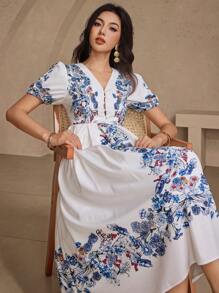 DAZY Vestido de mujer de largo medio con estampado de porcelana azul y blanco con escote en V, atuendo bohemio de vacaciones - Azul - Ver 3