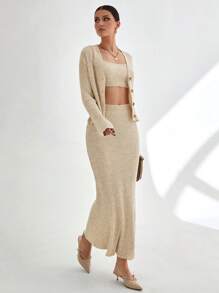 CLARA VERO Woman Flounced Hem Cardigan, Knit Top And Maxi Skirt Three Pieces Set Co-Ords,Petite,Winter Clothes - Apricot - View 4