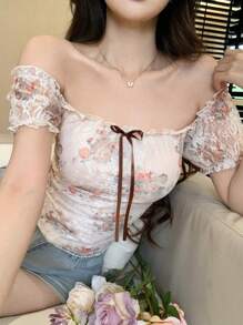 DAZY 女士镂空蕾丝碎花系带露肩上衣，夏季波西米亚风度假邮轮上衣 - 珊瑚橙 - 查看 6