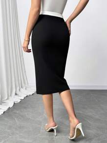 SHEIN Clasi Falda lápiz elegante de punto de alta calidad y alta elasticidad con bloqueo de color de talle alto para mujeres curvy y de talla grande, negra, 2025 nueva, para invierno, vintage, salir, otoño, invierno, otoño talla grande, oficina para mujeres, falda de otoño - Negro - Ver 9