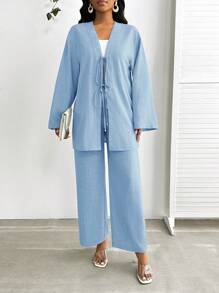 SHEIN Lady 2pcs Women Casual Front Tie Long Sleeve Top And Pants Set, Solid Color Blue Women's Two Pieces Set - Baby Blue - View 3