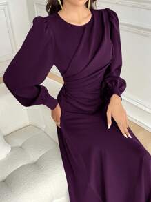 Modelyn 女士纯色圆领灯笼袖褶皱长款优雅连衣裙，秋季长款晚礼服 - 中紫紅色 - 查看 6