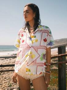 Easelle 2025夏季复古度假休闲水果印花梭织衬衫奶油黄波西米亚风女装 - 藍色 - 查看 5