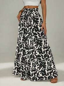 SHEIN PETITE Quần ống rộng in họa tiết thường ngày cho nữ - Đen và trắng - Xem 5