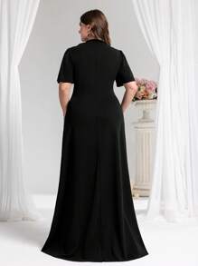 Coutiva Plus Size Formal Cocktail Dress, Solid Color Short Sleeves, Fashionable For Summer, Party Dress, Gown, For Evening, Wedding Guest - Black - View 2