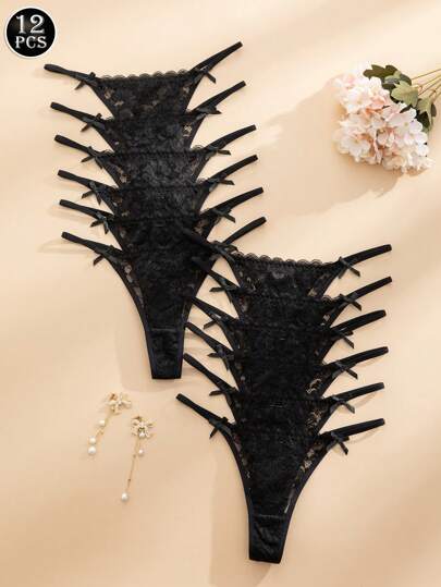 Juego de 12 piezas de tanga de encaje romántico y sexy en colores variados para mujeres