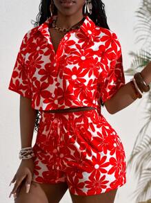 Slaydiva Women's Casual Vacation 2pcs Set - Red Floral Printed Shirt & Shorts,Holiday Outfits Boho Women Plus Size Clothes Women Plus Clothing Dresses Women Shirts Plus Size Women Blouses Plus Size Women Plus Size Outfits - Red and White - View 4