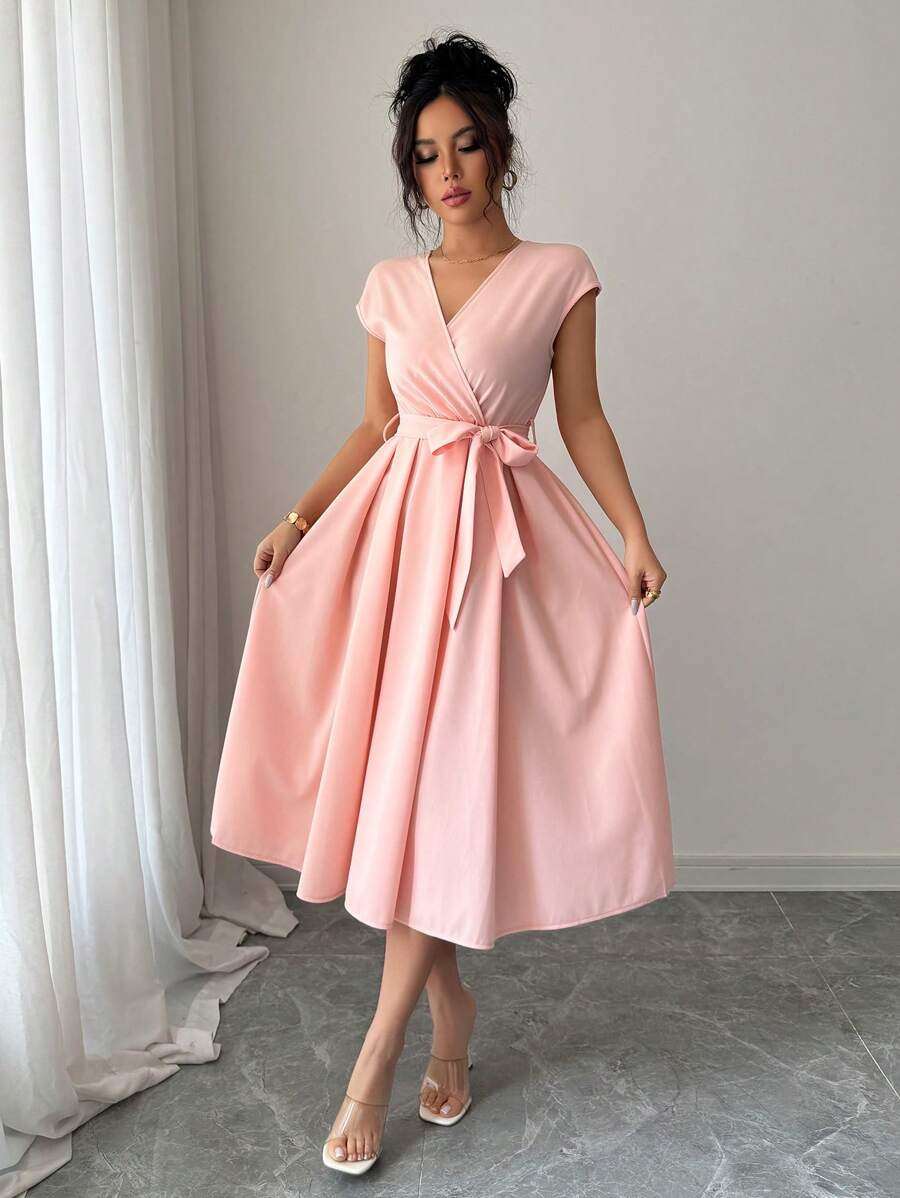 Elenzga Vestido elegante de mujer corte evasé con cuello en V y cintura, color rosa romántico