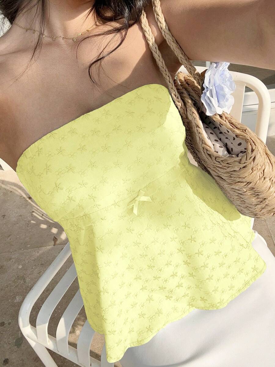 Flirla Floral Embroidered Bow Decoration Camisole Top For Vacation - Yellow - View 1