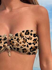 SHEIN Swim 3 件套女士泳衣套装，抹胸式上衣，彩色数码印花，清新风格，适合海滩度假和休闲派对，春夏 - 彩色 - 查看 5