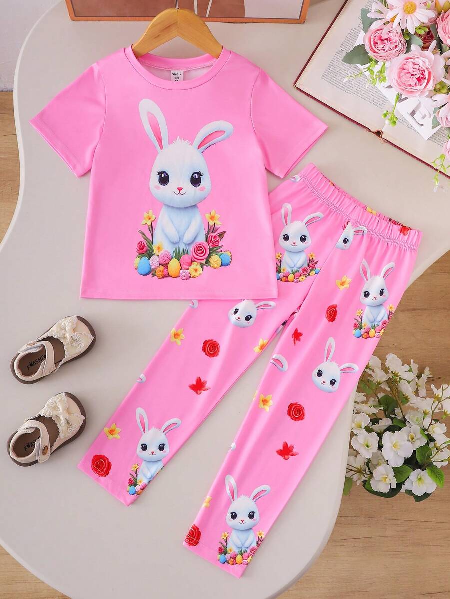 2 件套夏季女孩可爱卡通兔子图案粉色圆领短袖 T 恤搭配兔子和花卉印花修身打底裤，适合休闲、家居或复活节穿着 - 粉色 - 查看 1