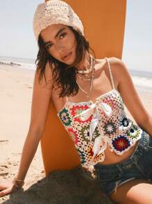 Easelle 2025 Spring And Summer Women Bohemian Style Beach Vacation Island, Women Crochet Floral Woolen Bowknot Decor Hollow Out Knit Top