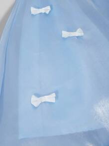 1pc Girls Spring/Summer Elegant Ballet Style Blue Spaghetti Strap Lace Patchwork Glass Satin Mesh Dress With White Bow Design - Baby Blue - View 7