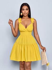 SOLERSUN 女士春夏时尚纯色宽松休闲后背镂空宽松短裙、度假、音乐节、返校、浪漫、派对装 - 黃色 - 查看 4