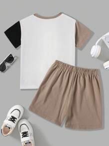 SHEIN Young Boys' Splicing Color Block Pattern Short Sleeve Shorts Set, Casual School Style, Comfortable & Fashionable, Versatile, Soft & Cozy, Suitable For Daily Wear, School, Travel, Sports