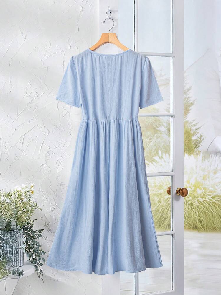 Women's Mid-Length Short Sleeve Solid Color Dress, Fashion All-Match Buttoned Versatile Summer Wear,Shirt Dresses For Women