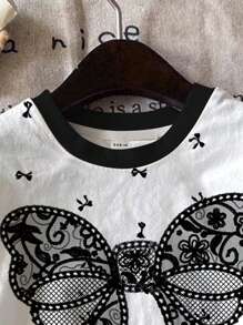 SHEIN Leap Crew 2pcs/Set Cute Bow Print Young Girl Casual Minimalist Short Sleeve Shorts Outfit, Suitable For Summer - Multicolor - View 4