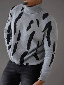 Manfinity Homme Plus Size Men Geometric Pattern Turtleneck Long Sleeve Casual Sweater, Autumn/Winter - Multicolor - View 7