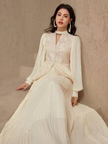 DAZY SHEIN X Hannahelzahed 女士奶油黄色蕾丝刺绣衬衫和裙子两件套沙滩装，夏季 - 米色 - 查看 1