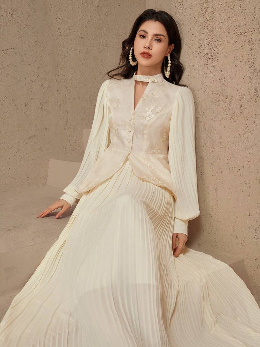 DAZY SHEIN X Hannahelzahed 女士奶油黄色蕾丝刺绣衬衫和裙子两件套沙滩装，夏季 - 米色 - 查看 1