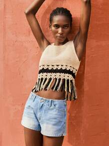 Maija Women's Vacation Hollow Out Design Tassel Hem Sleeveless Knitted Top ,Vacation Outfits - Black and White - View 7