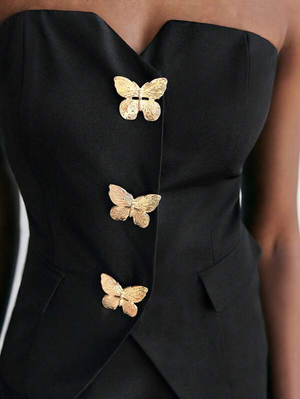 Maija Women's Summer Black Metal 3D Butterfly Decor Strapless Top & Elastic Waist Simple Sexy Mini Skirt Two Pieces Set, Suitable For Commute, Holiday, Party