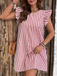 SHEIN VCAY Plus Size Casual & Holiday Striped Mini Cap Sleeve Dress - Red and White - View 5