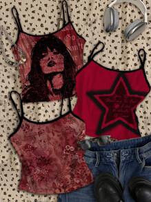 Attitoon 3 件装佩斯利花纹、女人肖像、星形字母印花撞色细肩带性感吊带背心，复古、休闲、度假、可爱 Y2K Coconutgirl 波西米亚音乐节风格 - 彩色 - 查看 1