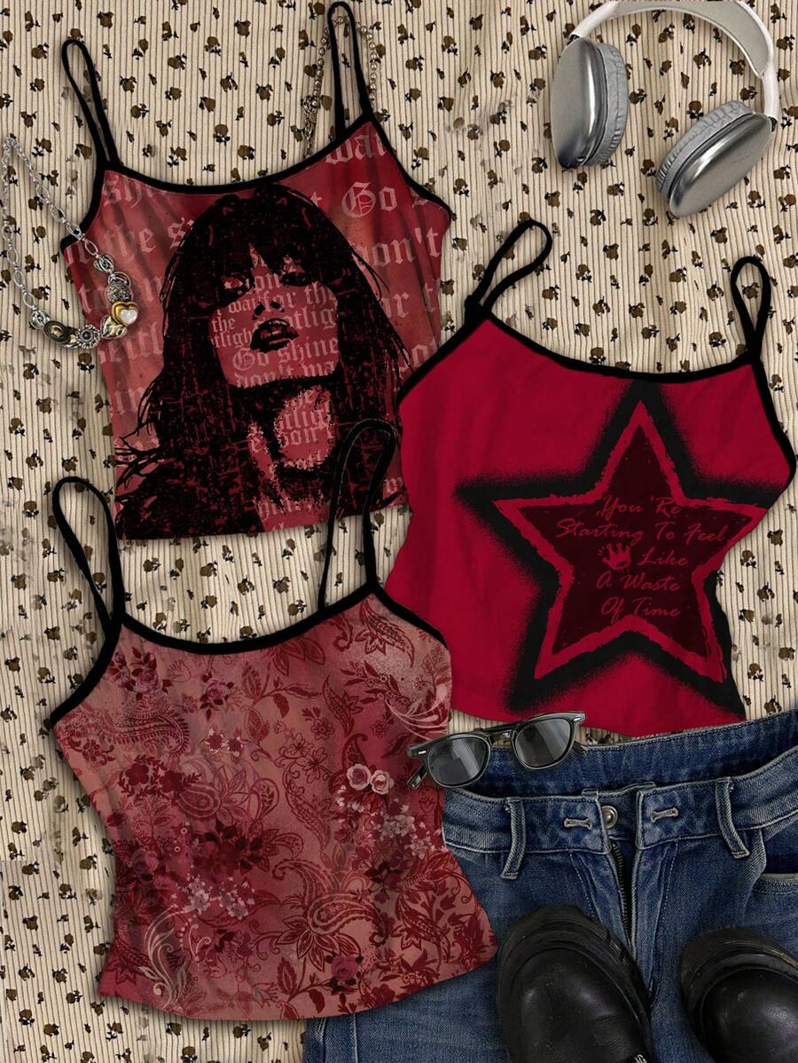 Attitoon 3 件装佩斯利花纹、女人肖像、星形字母印花撞色细肩带性感吊带背心，复古、休闲、度假、可爱 Y2K Coconutgirl 波西米亚音乐节风格 - 彩色 - 查看 1