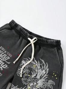 ROMWE MEN Anime Pantalones cortos casuales con estampado lavado para hombres, estilo urbano retro - Negro - Ver 2