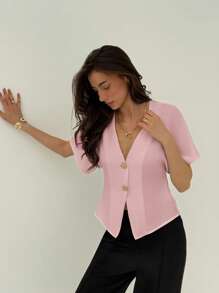 Aloruh Elegant Batwing Sleeve Double-Breasted Button-Up Solid Color Minimalist Shirt Pink - Pink - View 7